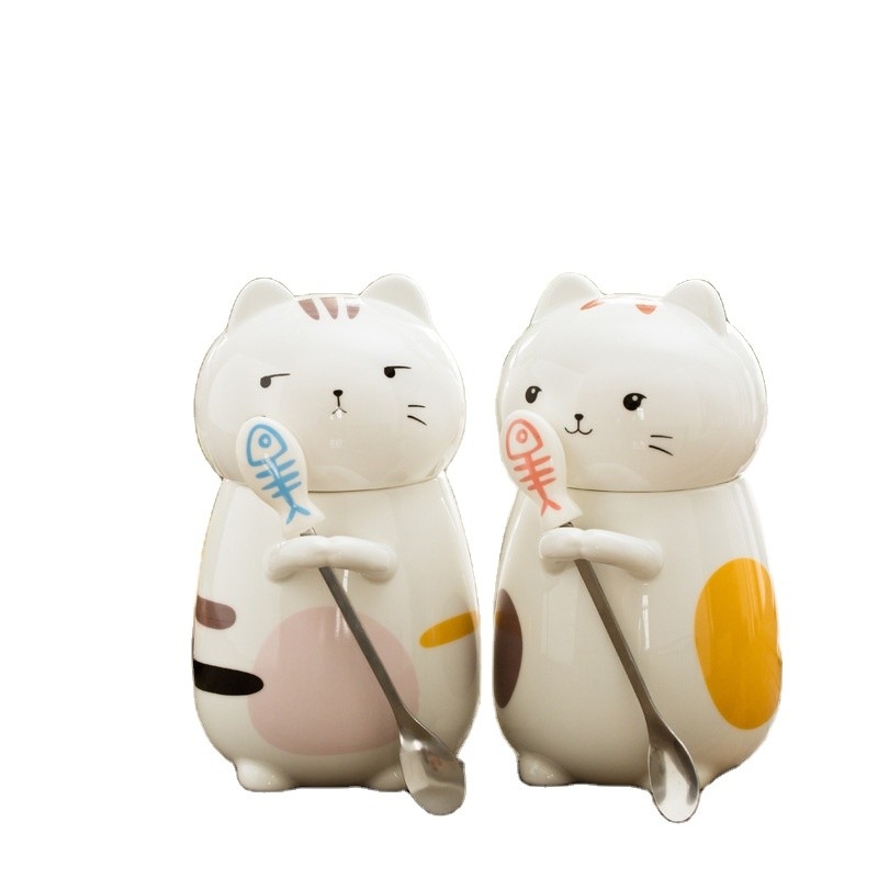 Cartoon Style 3D Cute Cat Creative Ceramic Mugs With Lid Spoon